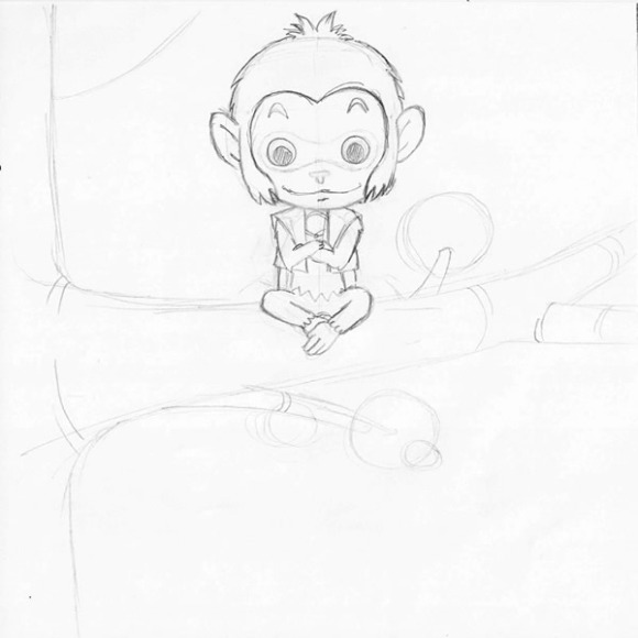 Quando Momotaro san encontra o macaco na árvore, durante sua jornada.